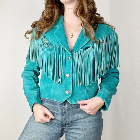 Vintage Jackets & Blazers - Vintage Suede Leather Fringe Jacket Western Boho Coat Blazer Festival Bohemian